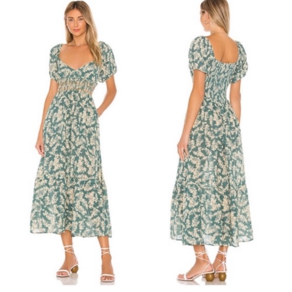 Free People Dresses & Skirts - Free People Ellie printed midi dress in green, smoked waist, sz M